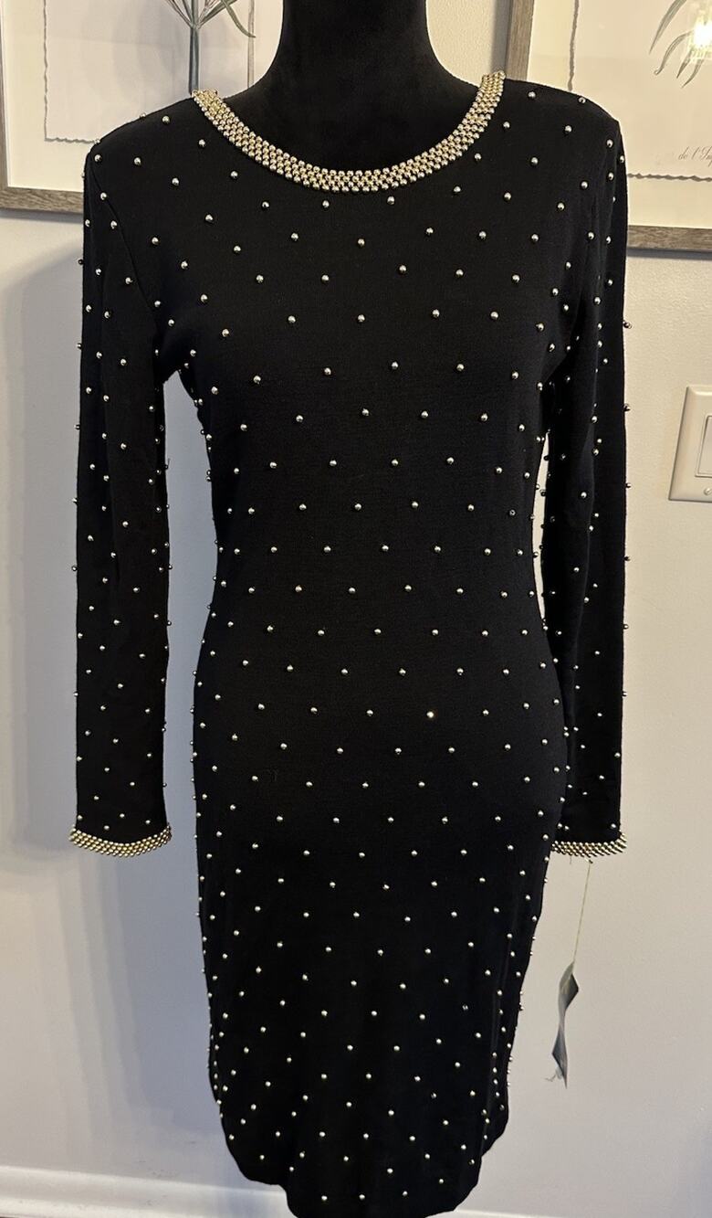 VTG 80's ET AL Dress Bodycon Black Sweater Gold Bead V-Back Long Sleeve Sz6 NEW